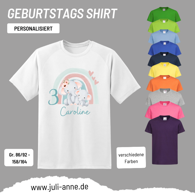 Kinder Basic-Shirt GEBURTSTAG personalisiert Zahl & Name *Regenbogen Elefant*