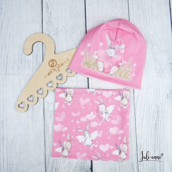 KU 47 - 54 Set: Beanie & Schlupfschal Hase Herz Rosa