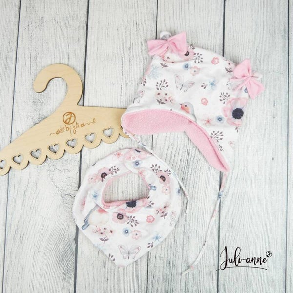 Set: Öhrchen Mütze & Halstuch Rotkehlchen Weiß