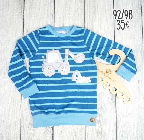 92 / 98 Pullover Max Streifen Blau mit Bagger