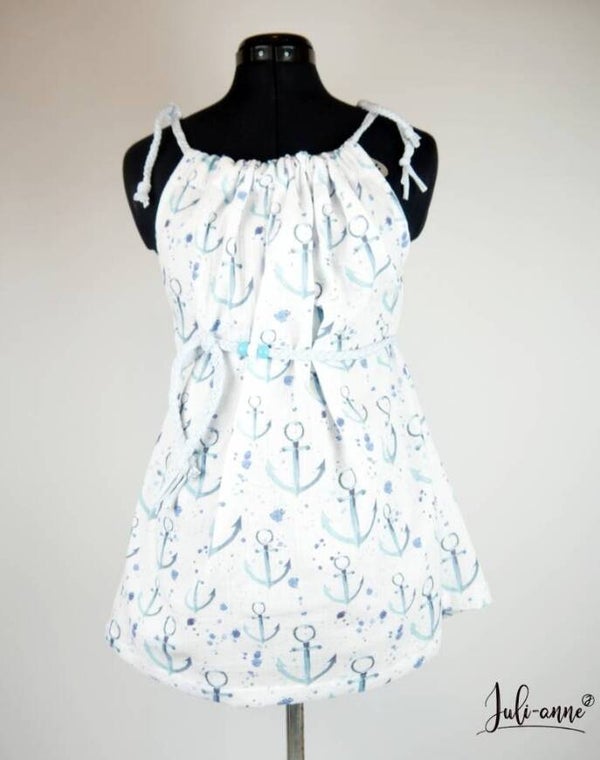 Damen Long-Top Musselin Anker Hellblau auf Weiß