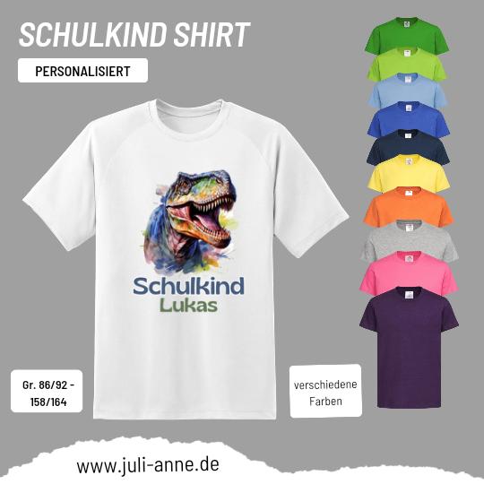 🟦 Kinder Basic-Shirt SCHULKIND personalisiert Zahl & Name T-REX AK
