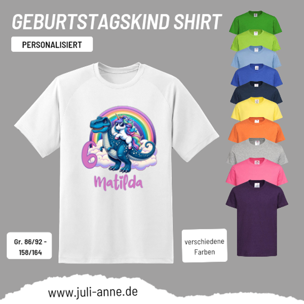 Kinder Basic-Shirt GEBURTSTAGSKIND personalisiert Zahl & Name Regenbogen Reitendes Einhorn auf T-Rex