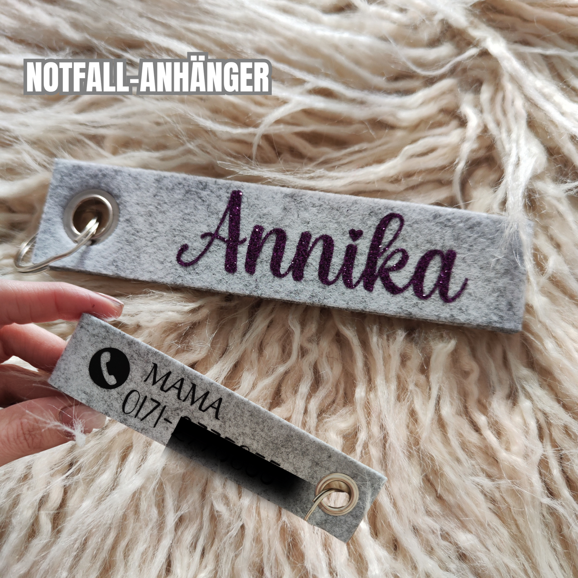 Schlüsselanhänger mit Name + Notfall Rufnummer