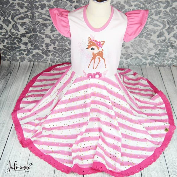Drehkleid Reh mit Fake Glitzer Stripes Pink