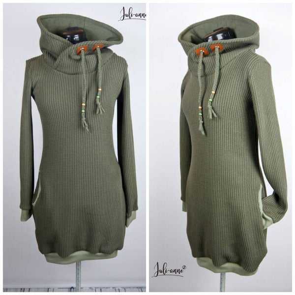 Damen Ballonkleid Baumwoll Grobstrick Olivgrün
