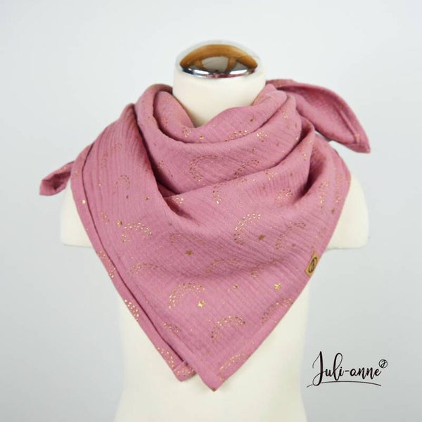 4 - 10 Jahre Musselintuch goldene Regenbögen auf Altrosa