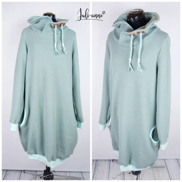 Damen Ballonkleid Baumwoll Grobstrick Dunkelmint
