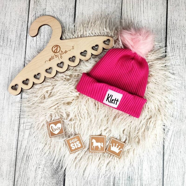 KU 45-48 Hipster Beanie Grobstrick Pink - Klett Wunschlabel