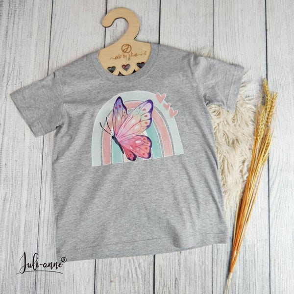 Kinder Shirt Grau Regenbogen Schmetterling