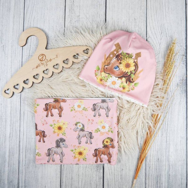 KU 47 - 54 Set: Beanie & Schlupfschal Pferd Blumen Rosa