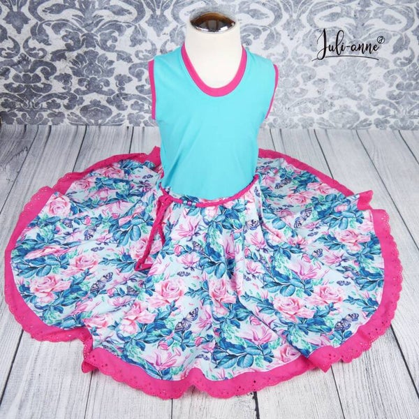 Drehkleid - Hellpetrol mit Schmetterlinge & Blumen