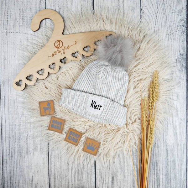 KU 45-48 Hipster Beanie Grobstrick Glitzer Creme - Klett Wunschlabel