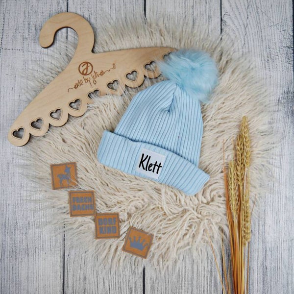 KU 45-48 Hipster Beanie Grobstrick Hellblau - Klett Wunschlabel