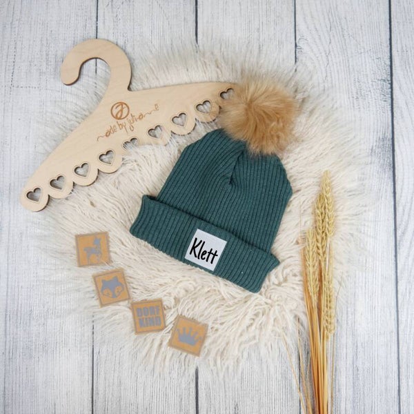 KU 49-53 Hipster Beanie Grobstrick Dunkelgrün - Klett Wunschlabel