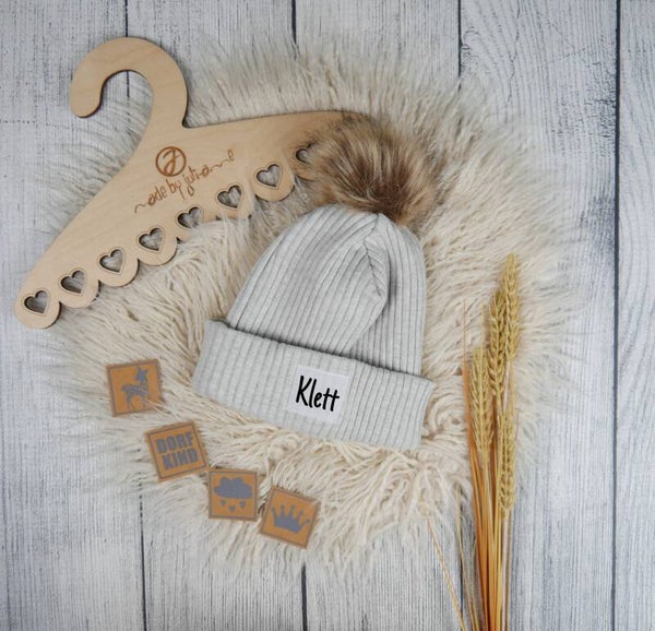 KU 49-53 Hipster Beanie Grobstrick creme - Klett Wunschlabel