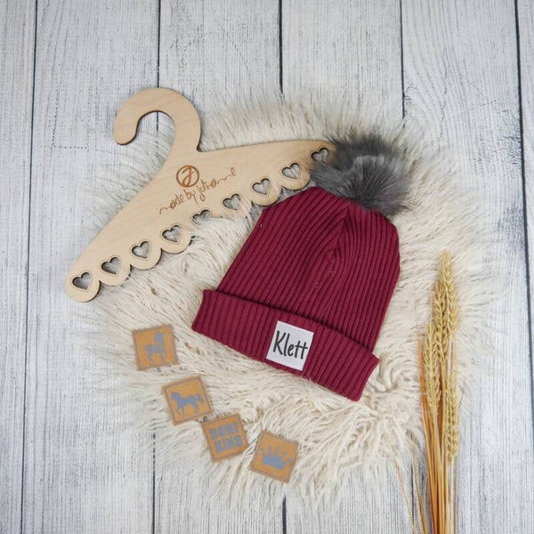 KU 49-53 Hipster Beanie Grobstrick Bordeaux   - Klett Wunschlabel