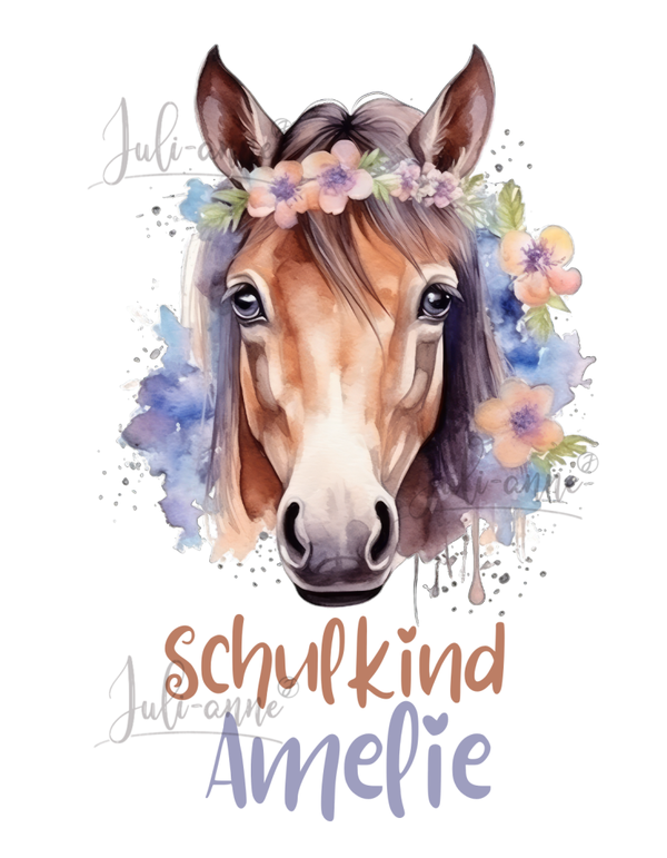 Bügelbild SCHULKIND personalisiert  Aquarell Pferd 1