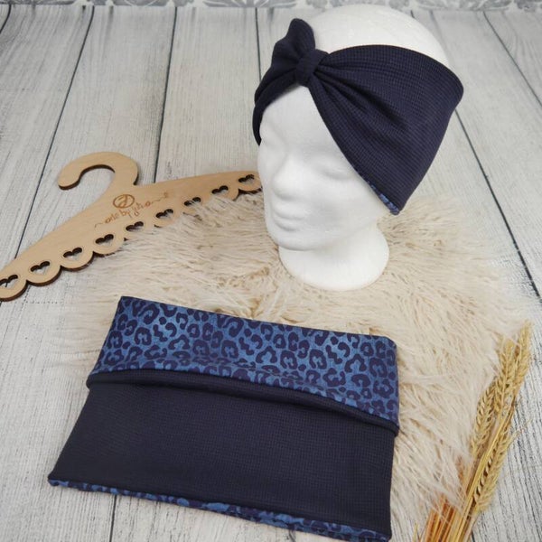 KU 54-57 Set: Knoten-Stirnband & Schlupfschal Waffelstrick Dunkelblau
