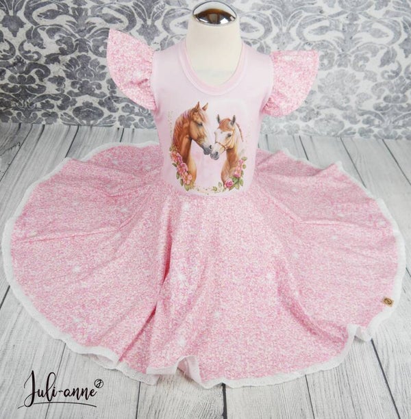 Drehkleid Pferde Fake Glitzer Rosa