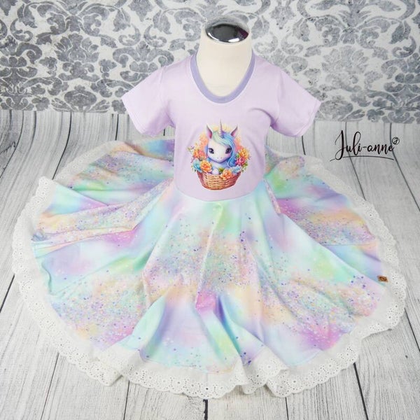 Drehkleid - Einhorn im Blumenkorb Flieder - #Einschulung
