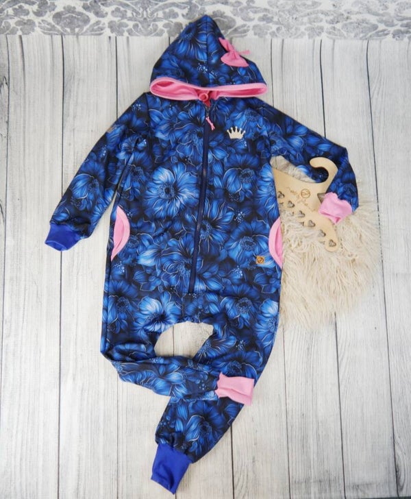 Softshell Overall / Anzug XL Blumen Rosa Royalblau mit Reflektoren