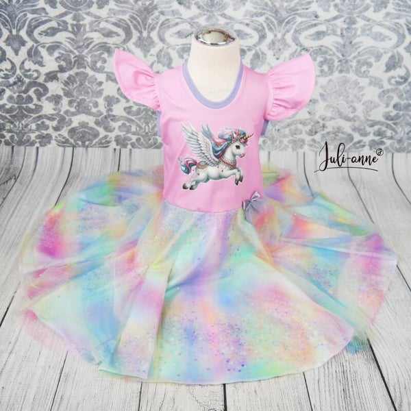 Drehkleid - Unicorn Wings  Einhorn Tüll Glitzer Regenbogen