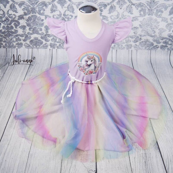 Drehkleid - Raunbow Unicorn Regenbogen Glitzer Tüll