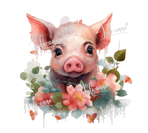 Bügelbild Schweinchen mit Blumen