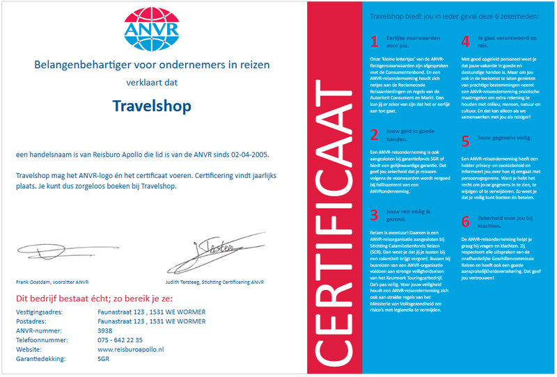 ANVR certificaat Travelshop