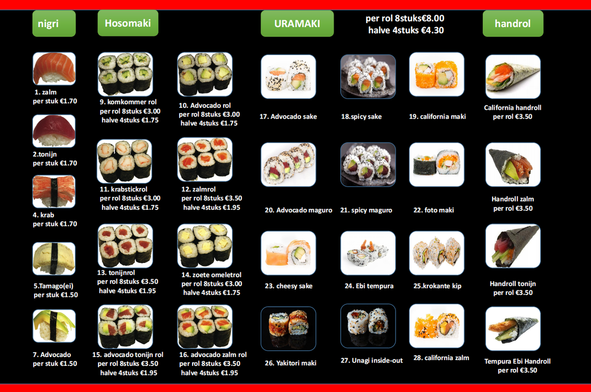 Sushi Menukaart | Cafetaria Van Den Broek