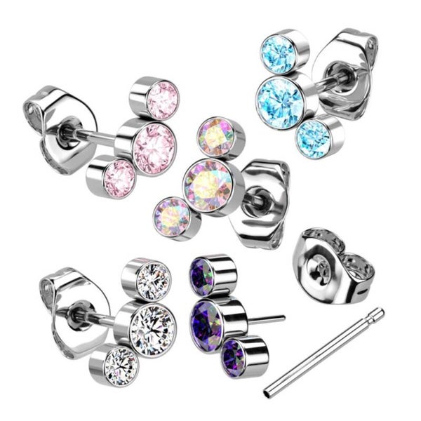 Titanium threadless oorknopje met bezel set kristal trio