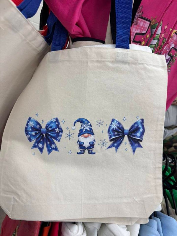 Canvas Totes-Blue Winter Bows and Gnomes