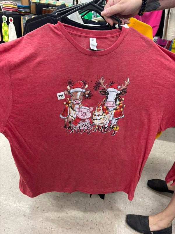 Long sleeve, Red Merry Christmas Farm Animals