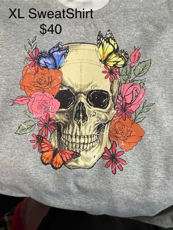 Floral Butterfly Skull on Gray Sweatshirt, XL