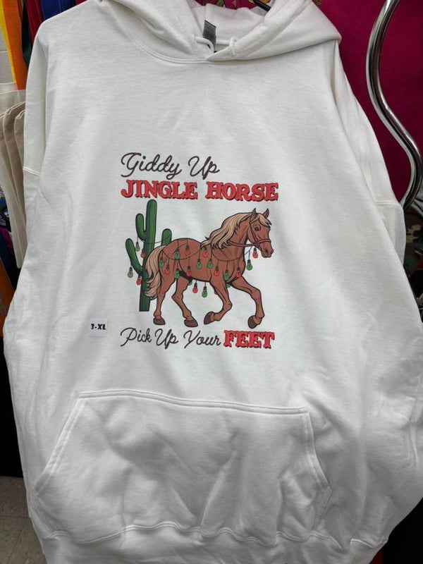 White hoodie, 3XL, Giddy Up Jingle Horse Pick Up Your Feet