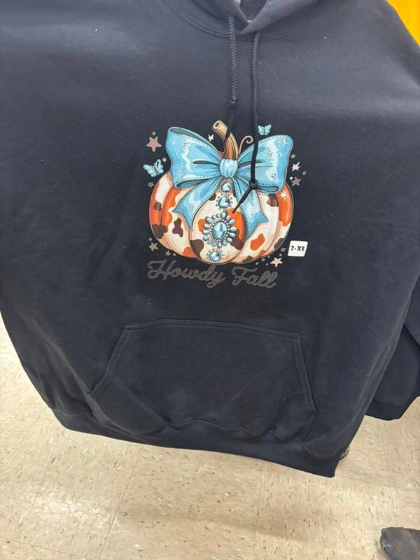 Black 2XL Hoodie, Howdy Fall Turquoise Bow and Bling Pumpkin