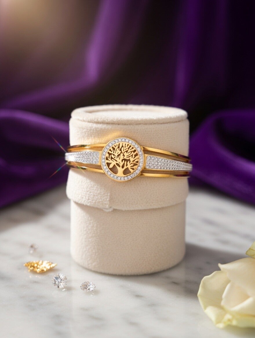 bracelet arbre de vie strass couleur or acier inoxydable