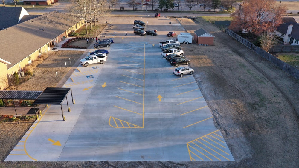 Yellow parking lot striping at First Christian Church in Broken Arrow