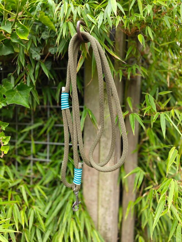 GRAB & GO - Hondenlijn 10mm. armygreen met aqua & lichtmint - +/- 250cm.