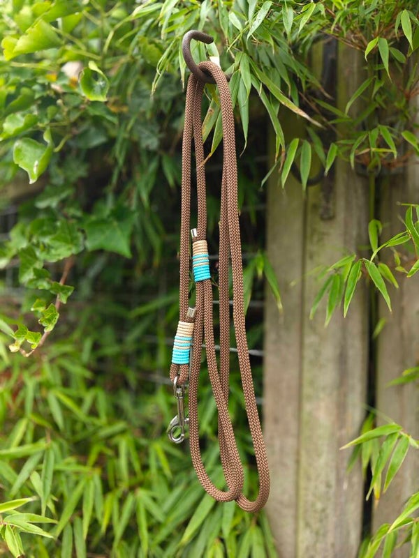 GRAB & GO - Hondenlijn 8mm. bruin met beige & turquoise - +/- 175cm.