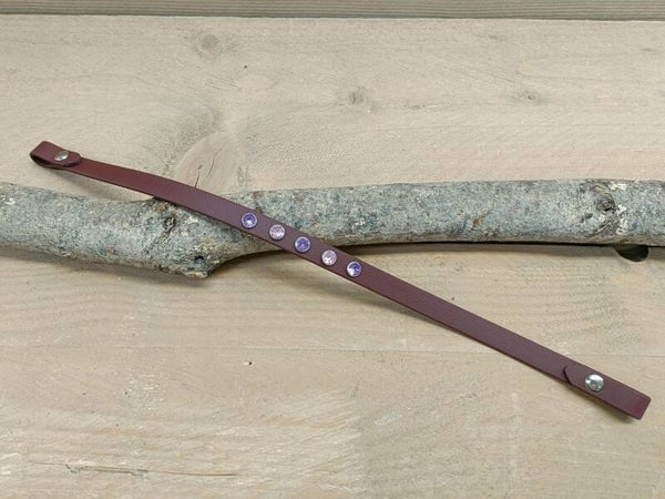 READY TO GO - frontriem met roze & paarse steentjes 38 cm (past om 16mm. breed Biothane of leer)