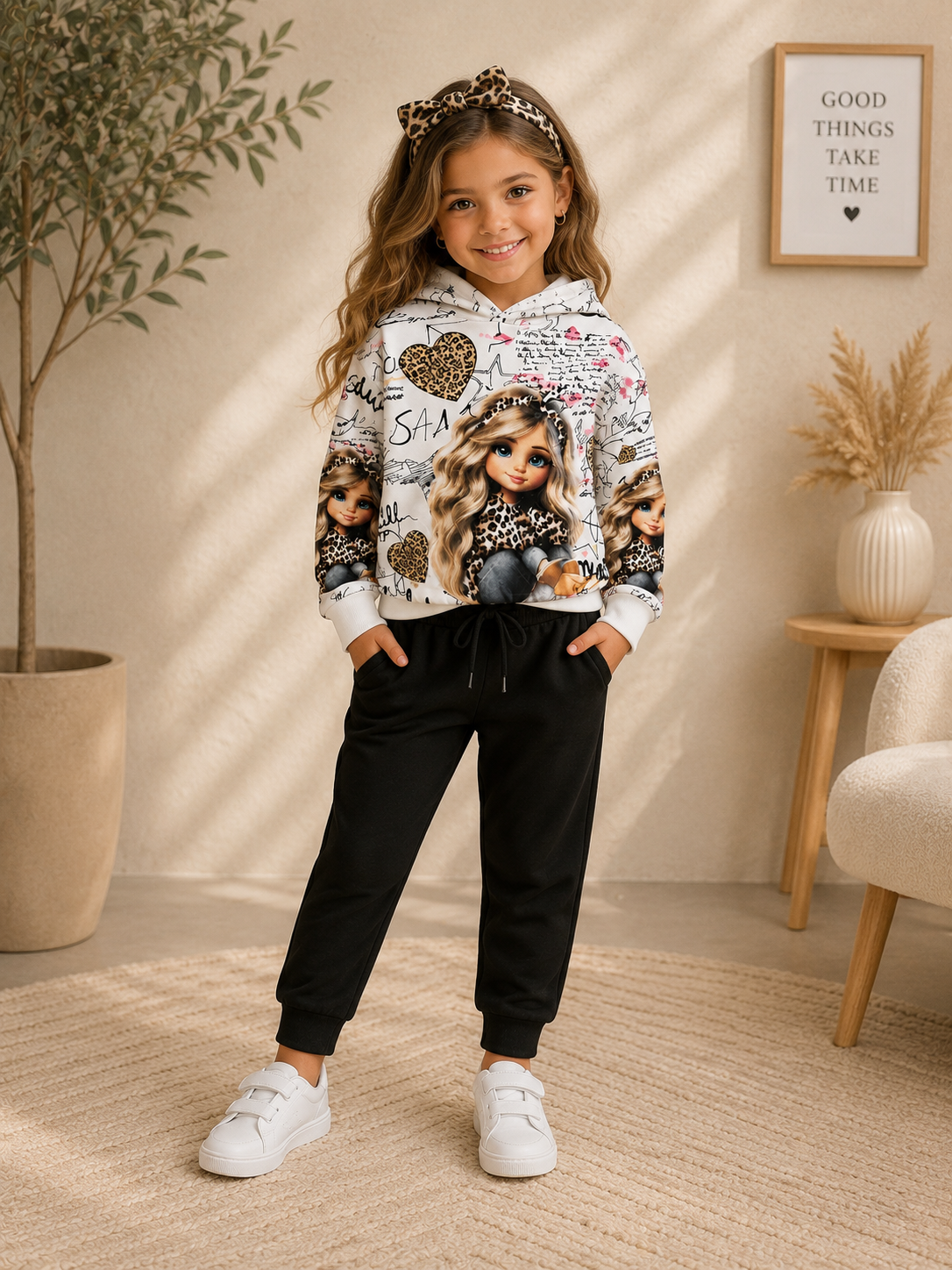 Velours meisjes joggingpak met trendy print 💖✨