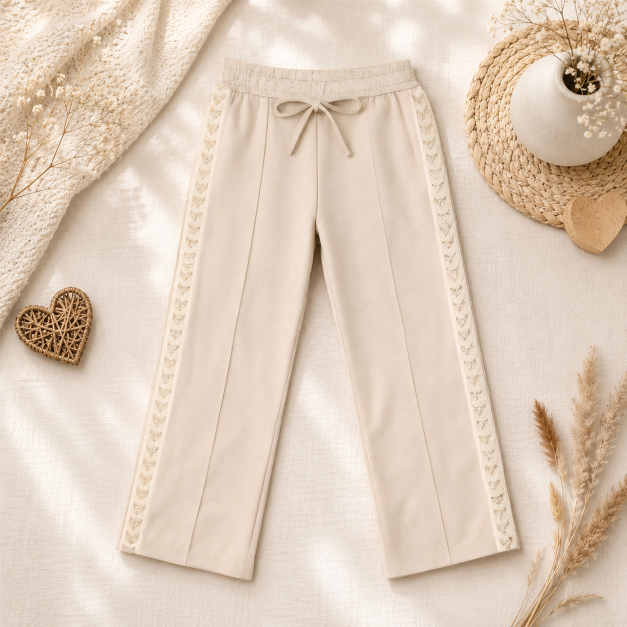 🤍 Beige meisjesbroek met kanten details