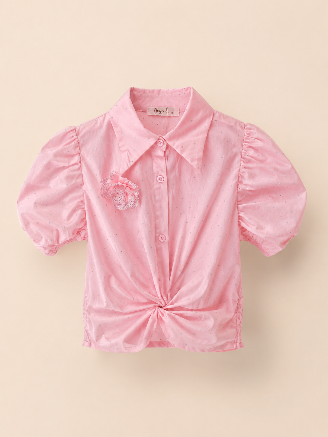 Roze meisjesblouse met pofmouwen & strikdetail