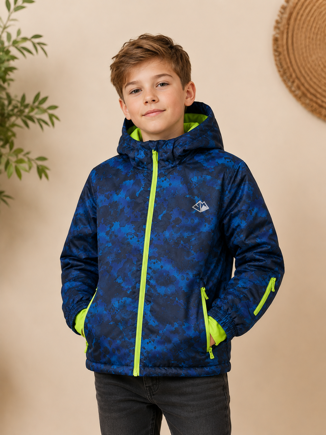🧥 Stoere jongens winterjas met gevlekteprint 💙💚