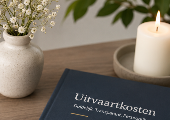 Boekje uitvaartkosten op tafel met bloemen en kaars