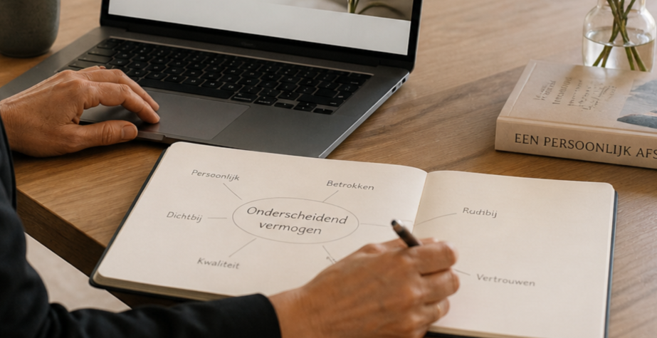 Zelfstandig uitvaartondernemer werkt aan online positionering en onderscheidend vermogen achter laptop in rustige werkomgeving met focus op persoonlijke dienstverlening