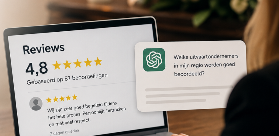 Review van uitvaartondernemer op beeldscherm 