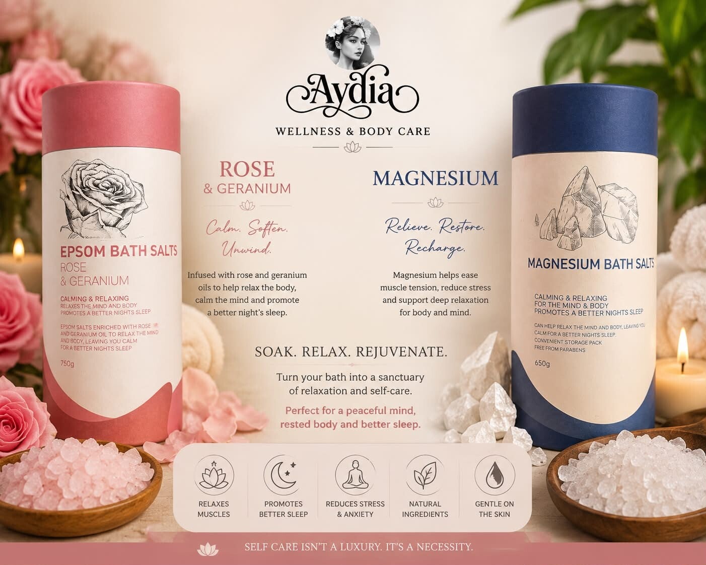Aydia Bath Salt Collection - Rose & Geranium / Magnesium